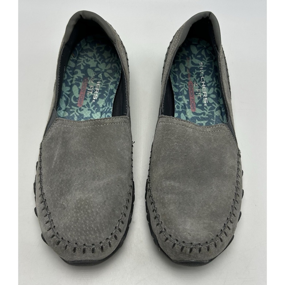 Skechers Loafers Womens 7.5 Gray Suede Leather Memory Foam Shoe Casual Comfort